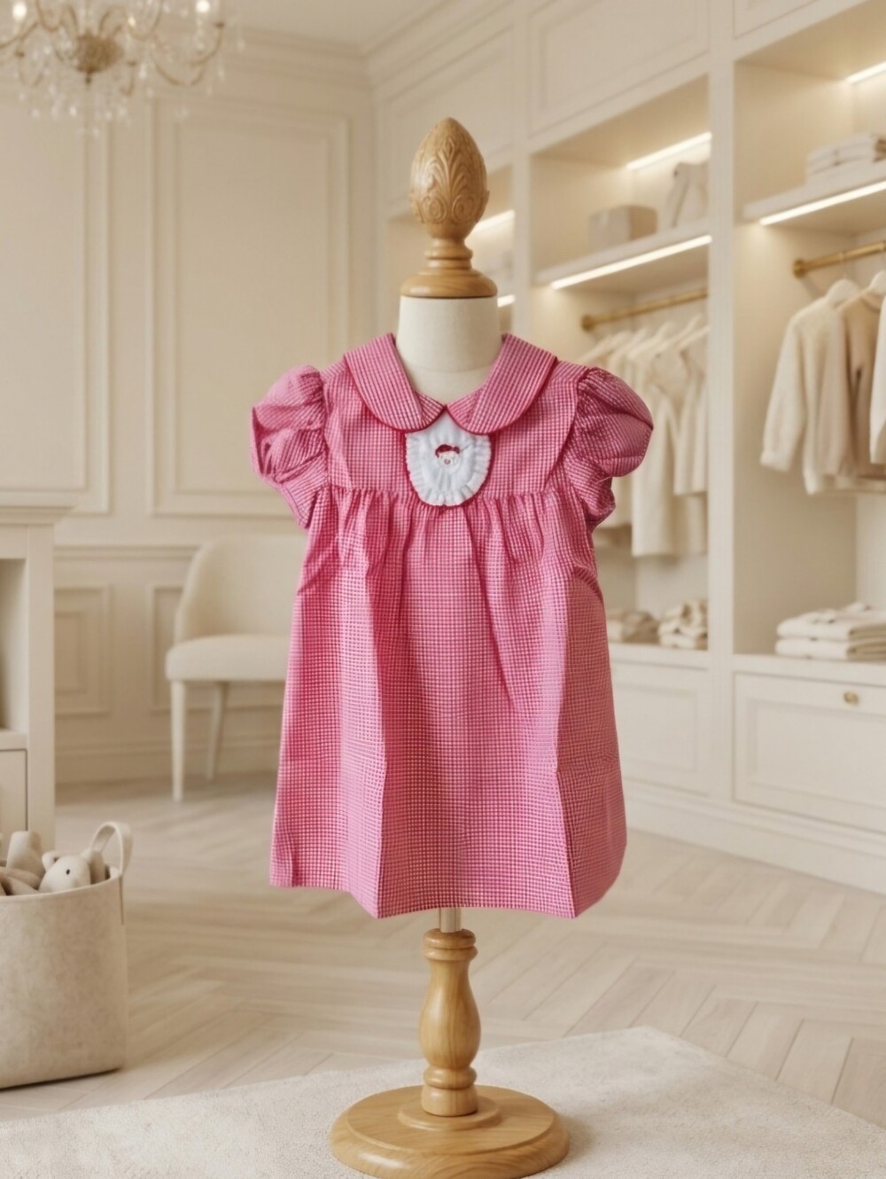Baby Blessings Red & White Gingham Embroidered Santa Puff Sleeve Dress | 2T
